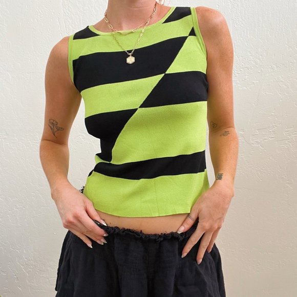 Y2K Lime Green Black Funky Abstract Knit Sleeveless Top - Picture 3 of 8